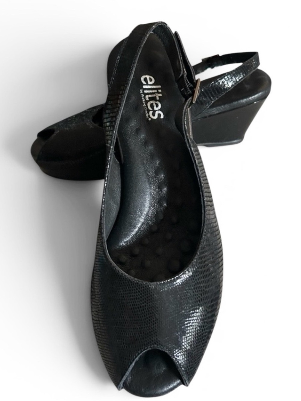 Elites by Walking Cradles Black Reptile Print Slingback Peep Toe Wedges Size 8